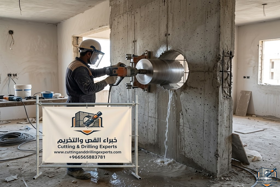 تنفيذ فتحات كهربائية في الخرسانة المسلحة بحي النرجس بالرياض لتمرير الكابلات وتمديدات الأنظمة الذكية وكاميرات المراقبة باستخدام أحدث معدات التخريم